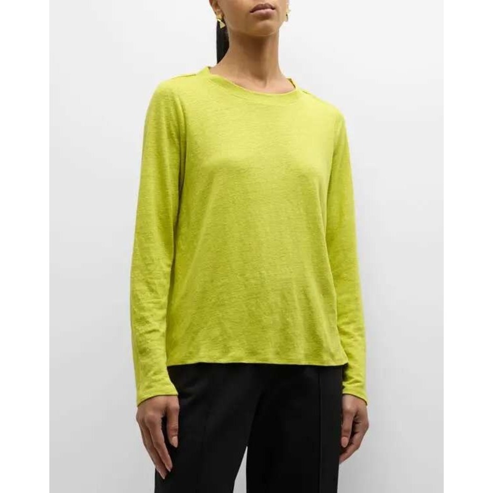 Eileen Fisher Long Sleeve Organic Linen Jersey Tee Womens M Citron Chartreuse